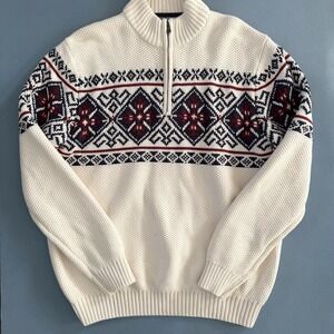 Izod Fair Isle Ivory Knit Nordic Ski Lodge Pullover Mens 1/4 Zip Sweater